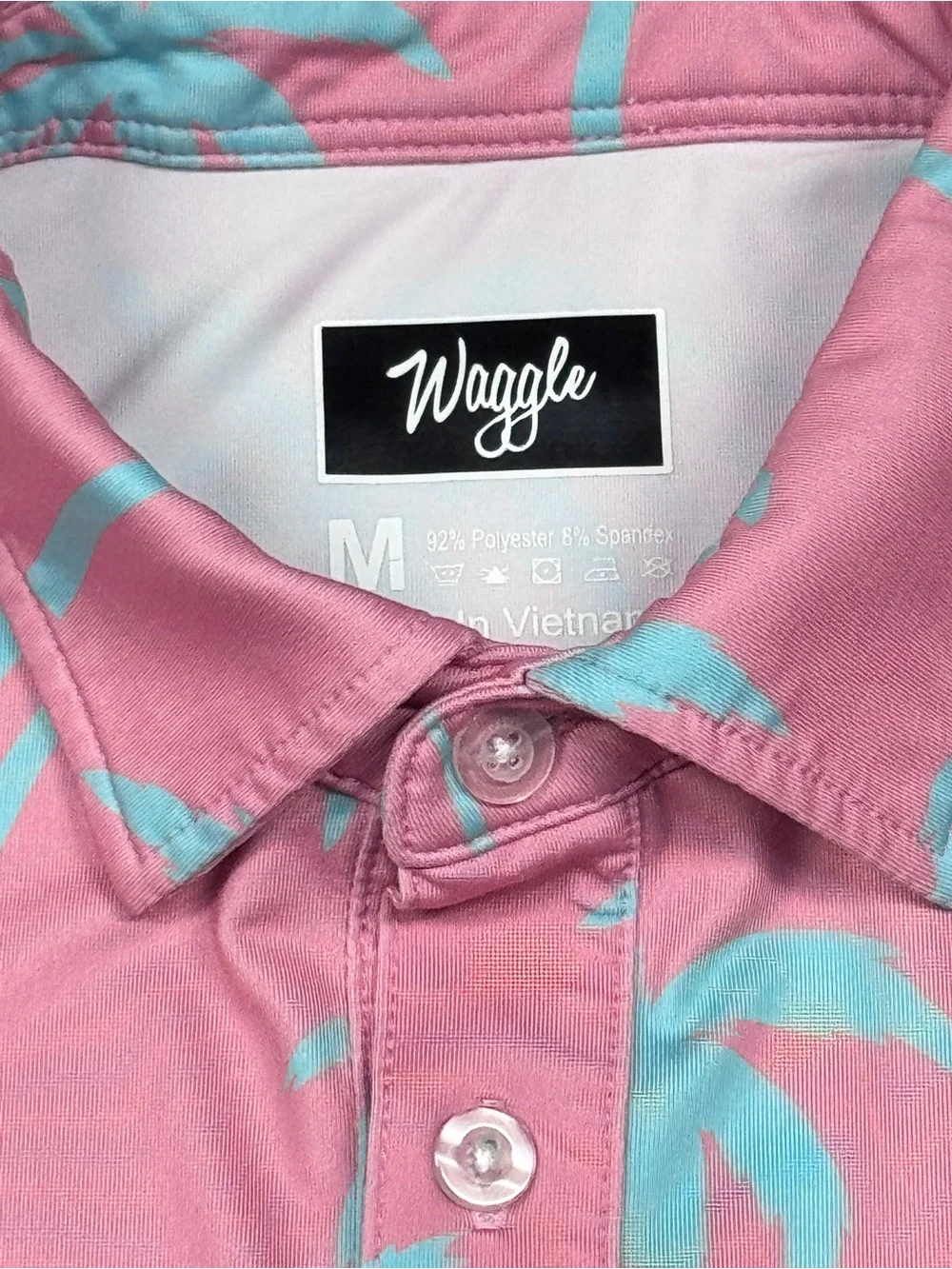 Men’s Waggle Golf Medium Pink/Blue Palms Performance Polo Short Sleeve - Picture 3 of 6